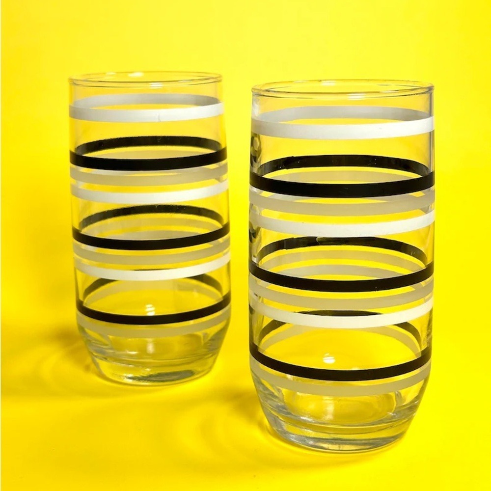 Vintage Glass Tumblers, Set Of 2, Striped, Anchor Hocking
